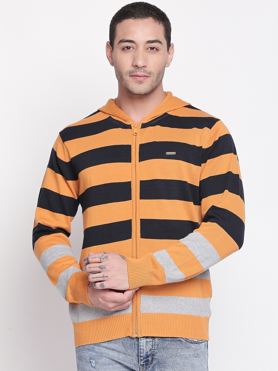 

Urban Ranger by pantaloons Men Mustard Yellow & Black Striped Front-Open Sweater