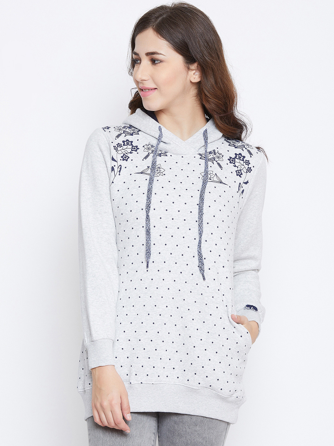 

NEVA Women Grey & Blue Printed Hooded Sweatshirt