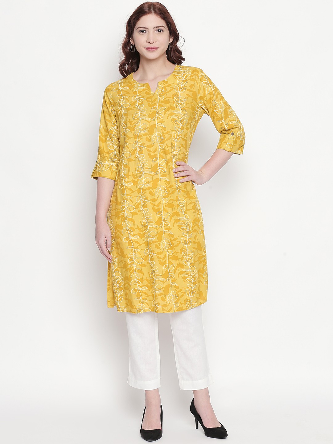 

RANGMANCH BY PANTALOONS Women Yellow & White Printed Straight Kurta