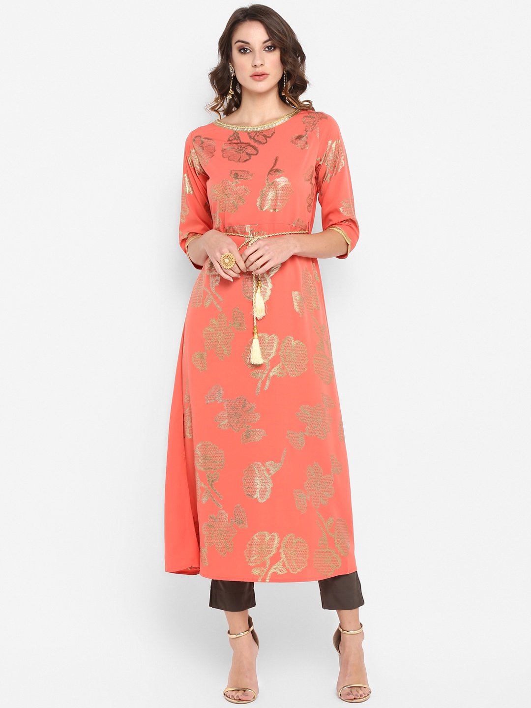 

Janasya Women Pink Floral Foil Printed A-Line Kurta