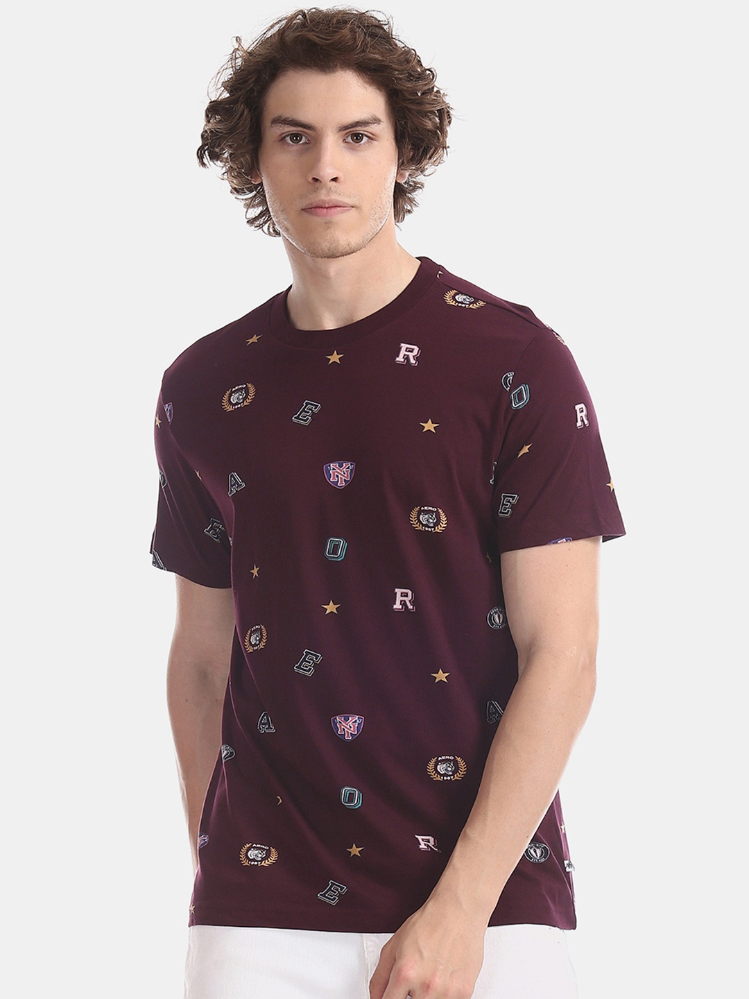 

Aeropostale Men Maroon Printed Round Neck Pure Cotton T-shirt