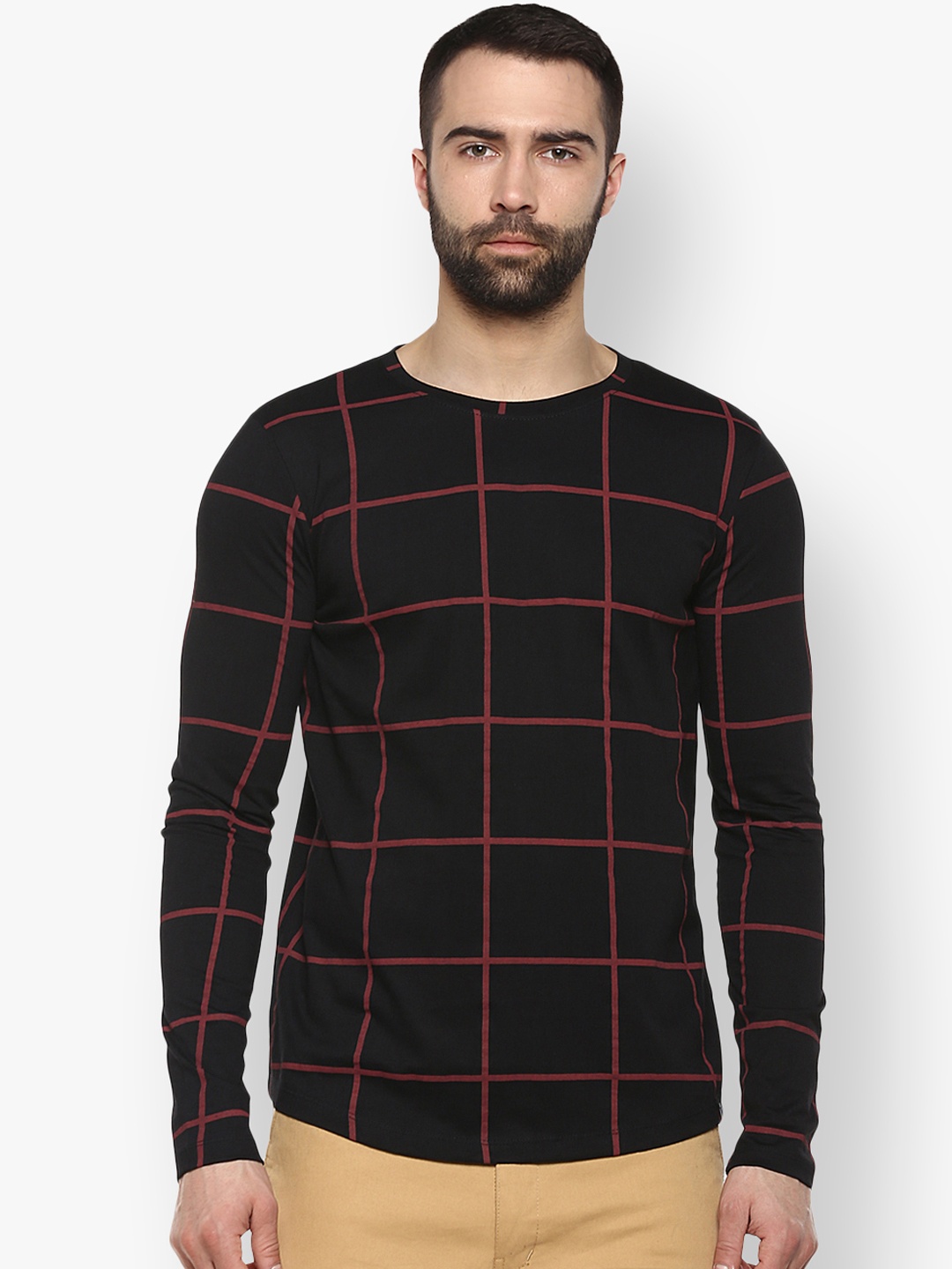 Urbano Fashion Men Black Checked Round Neck Slim Fit T-shirt