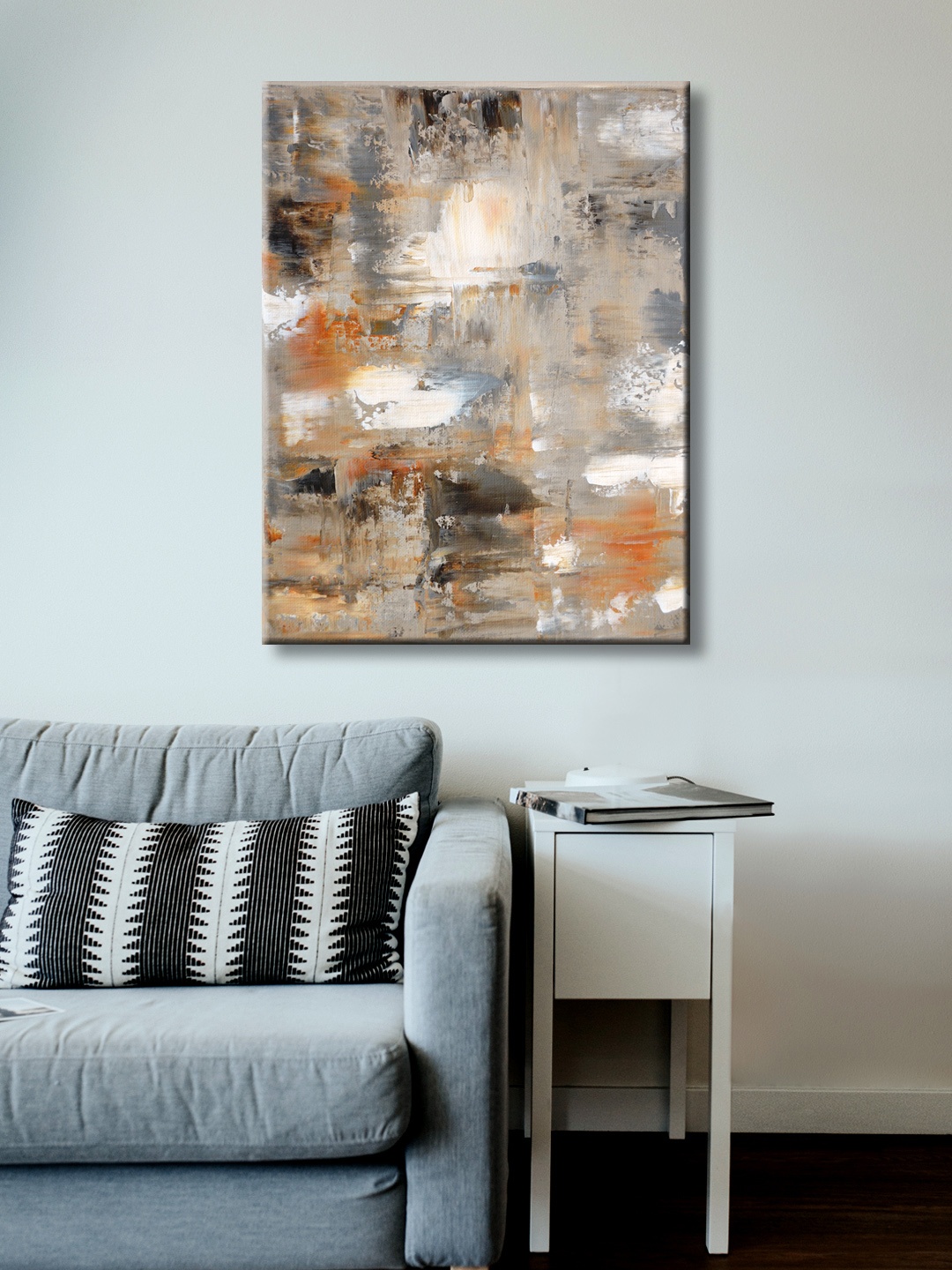 

999Store Beige, Orange & White Hand-Painted Abstract Wall Painting