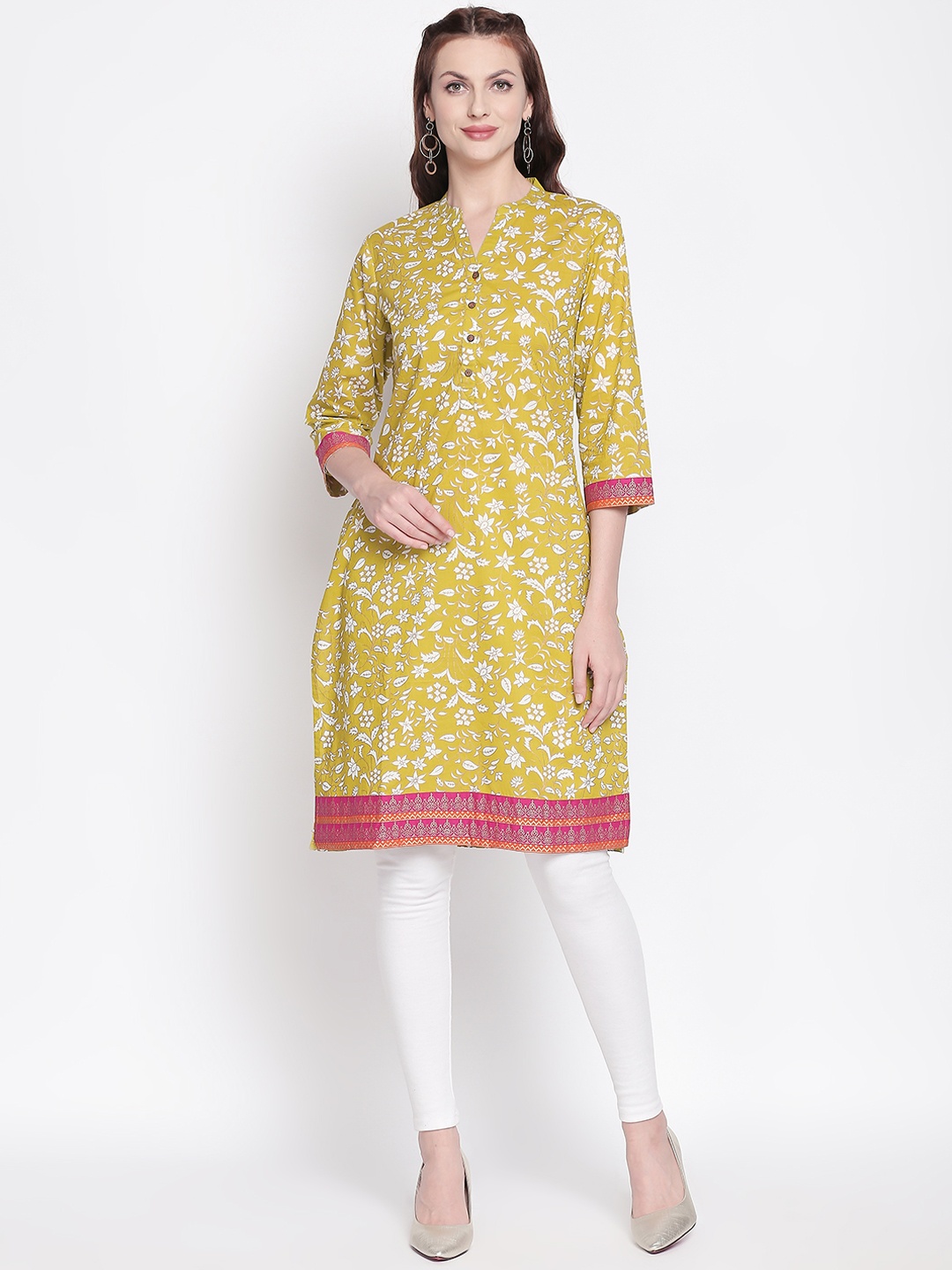 

RANGMANCH BY PANTALOONS Women Lime Green & White Printed Straight Kurta