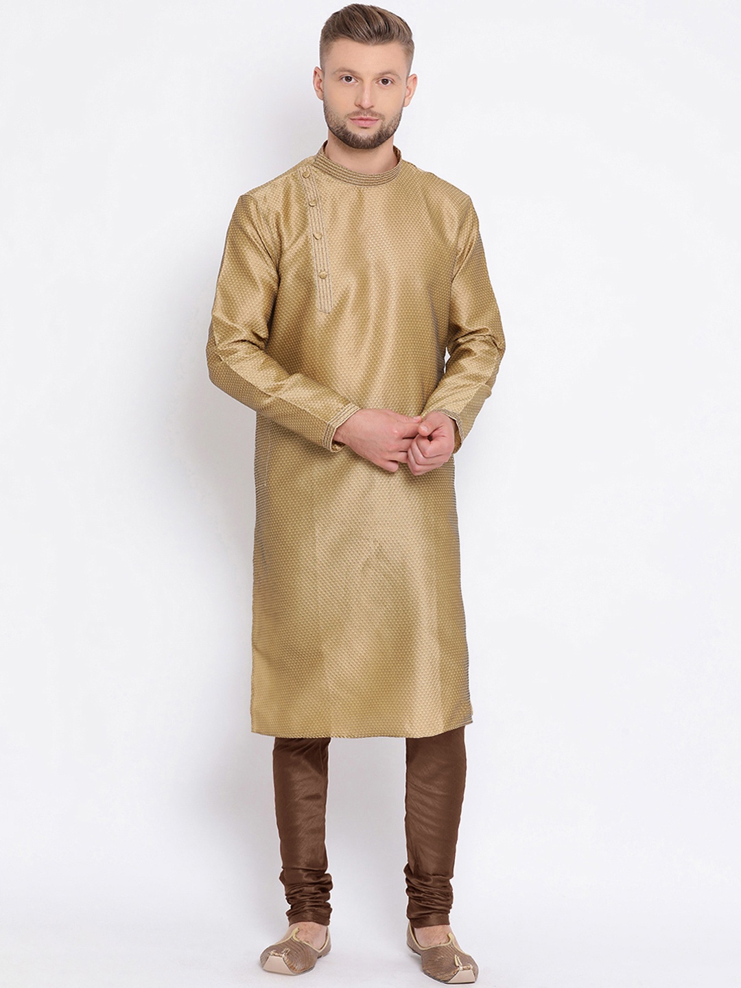 

Sanwara Men Mustard Yellow & Brown Self Design Kurta with Churidar