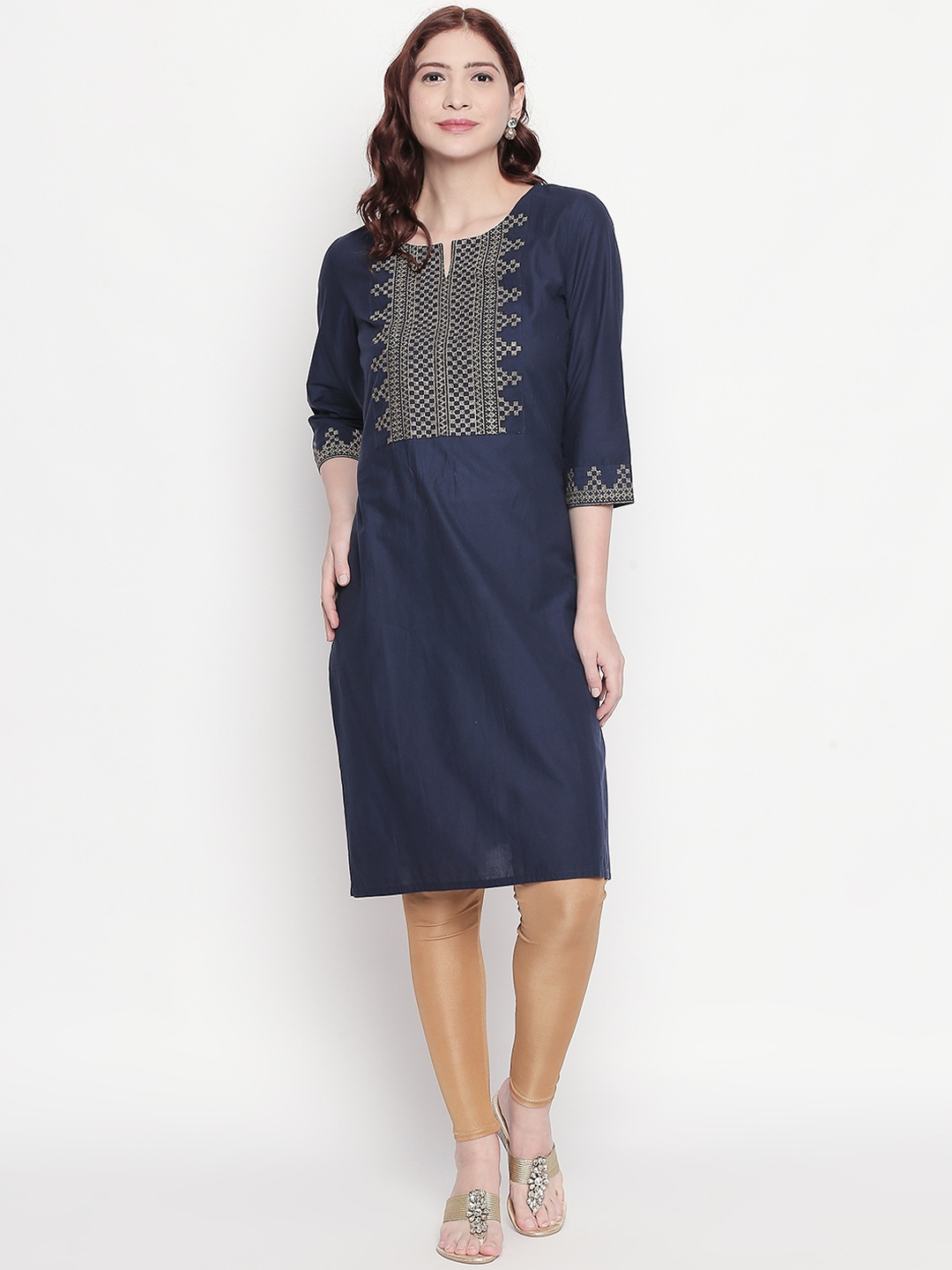 

RANGMANCH BY PANTALOONS Women Navy Blue Yoke Design Straight Kurta