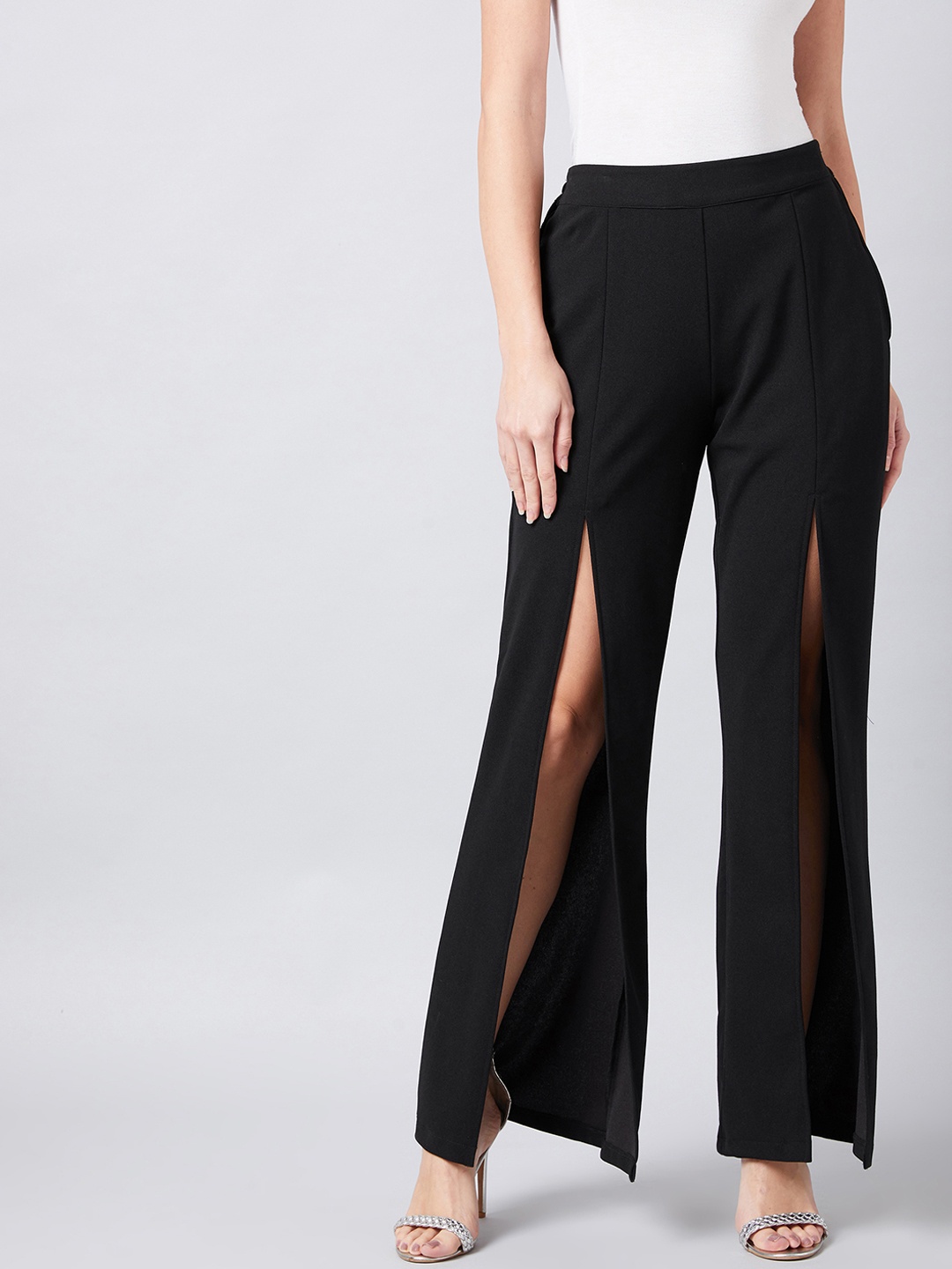 

Athena Women Black Smart Flared Slit Parallel Trousers