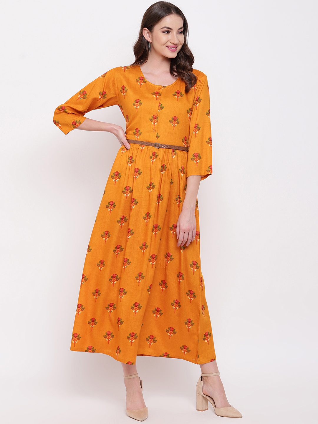 

Mayra Women Mustard Yellow Floral Print Fit and Flare Dress