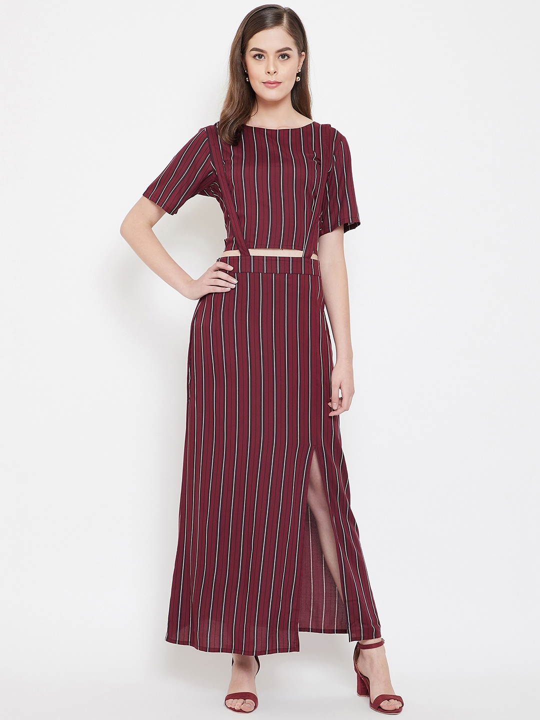 

PANIT Women Maroon & Black Striped Top with Skirt