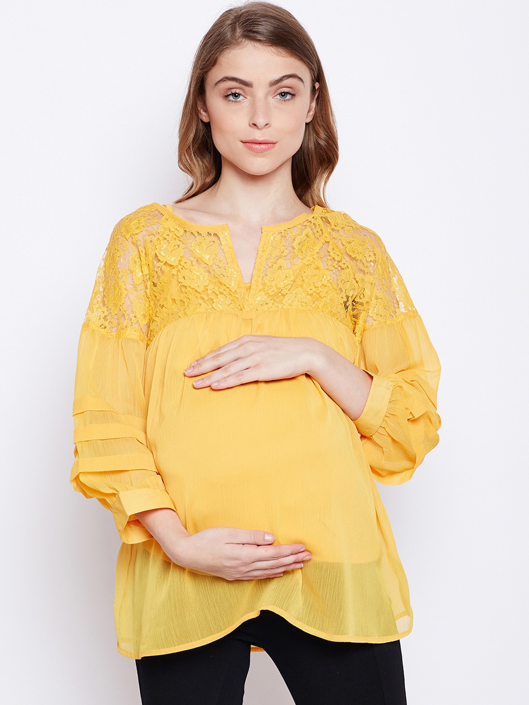 

Oxolloxo Women Yellow Self Design A-Line Maternity Top