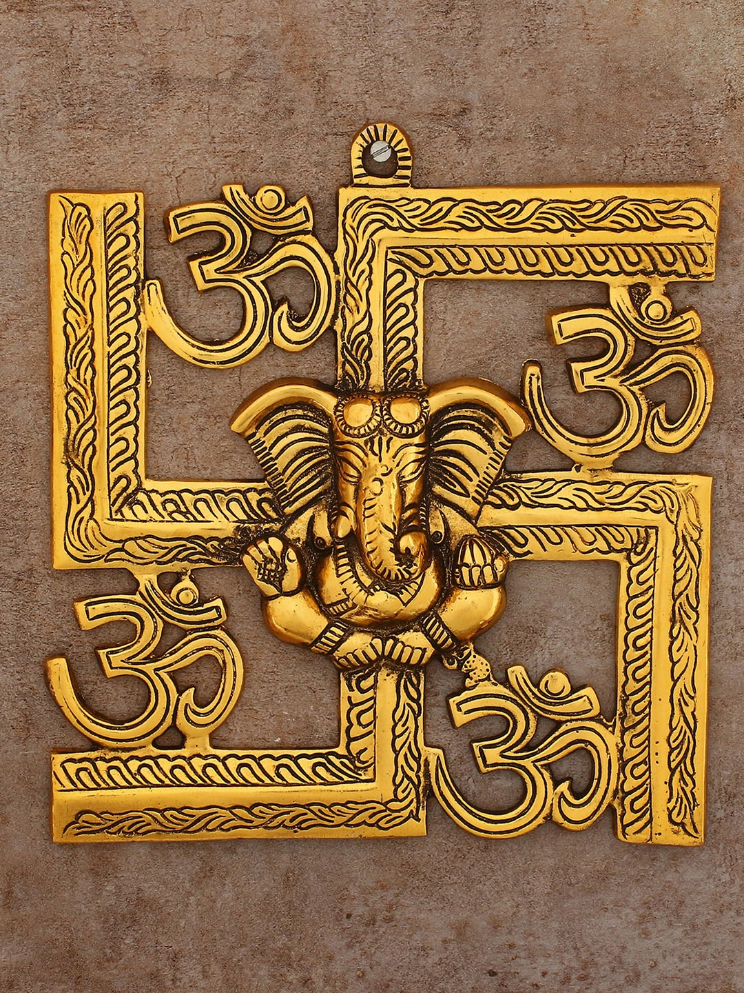 

eCraftIndia Gold Lord Ganesha On Om Swastik Metal Golden Wall Hanging