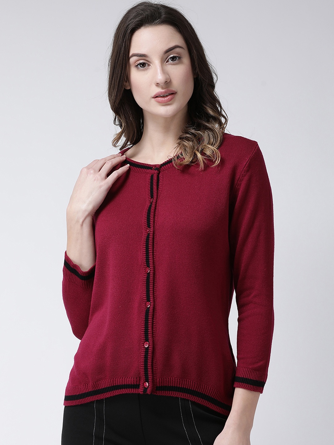 

Club York Women Maroon Self Design Cardigan Sweater