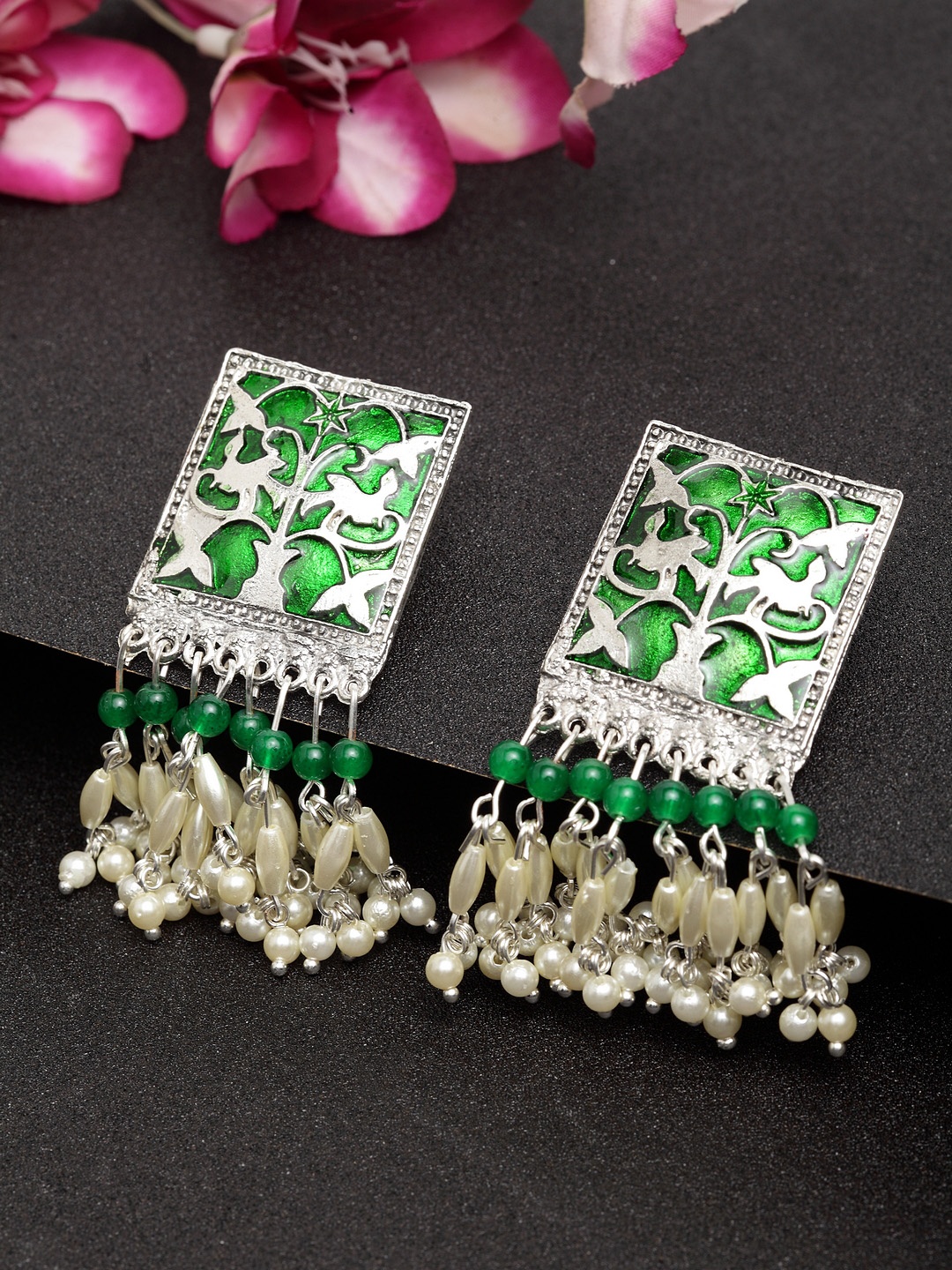 

Moedbuille Green & Silver Plated Handcrafted Meenakari Classic Drop Earrings