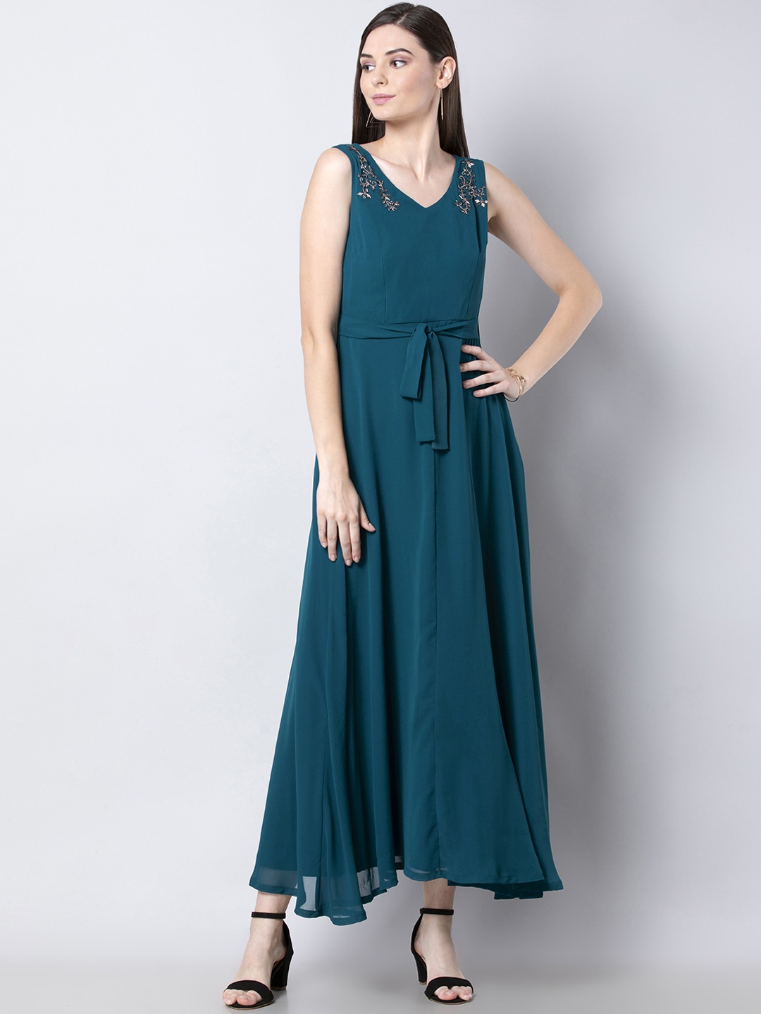 

FabAlley Women Teal Blue Solid Maxi Dress