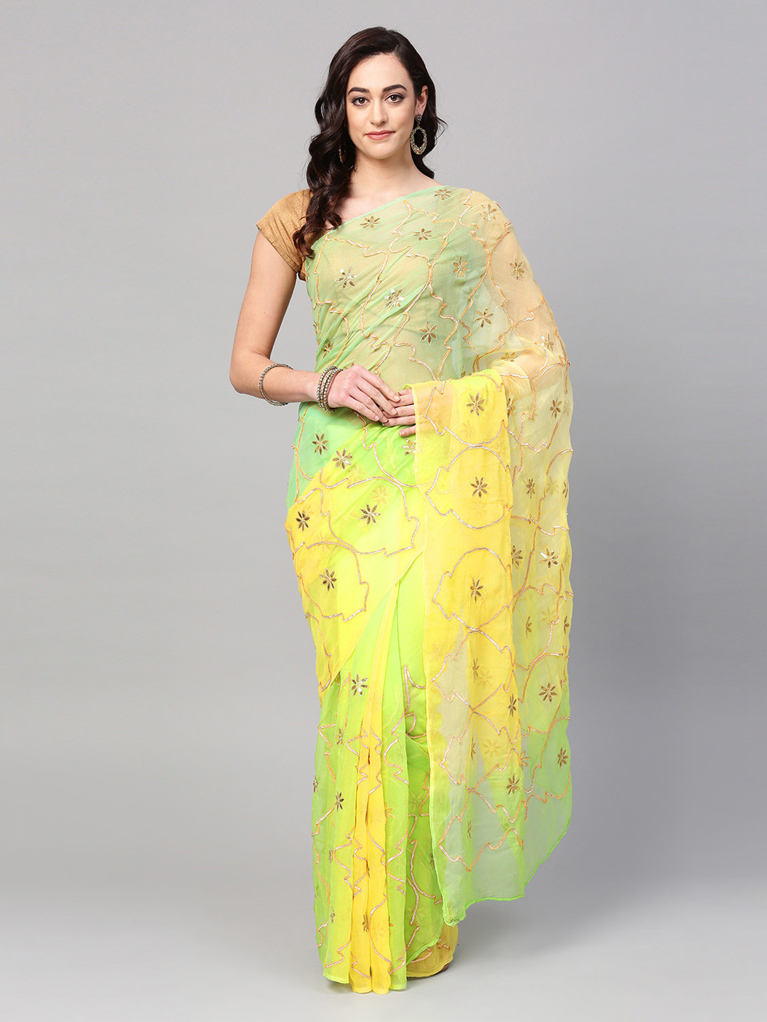 

Geroo Jaipur Yellow & Green Hand Embellished Gota Patti Pure Chiffon Sustainable Saree