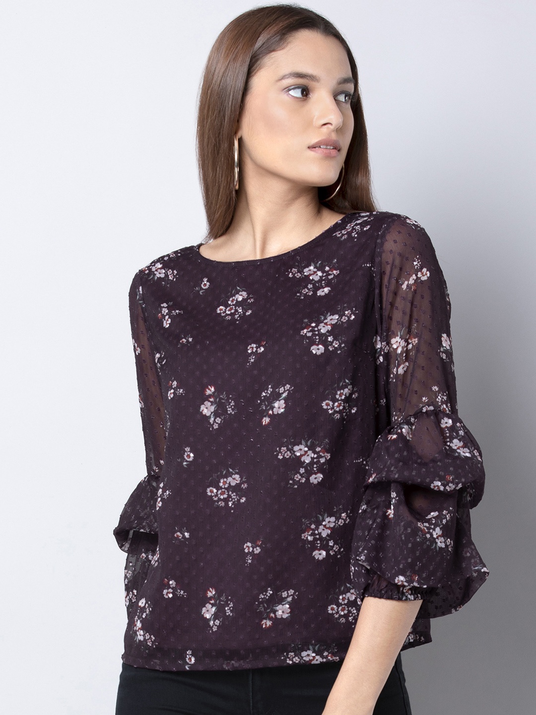 

FabAlley Women Purple & Red Floral Printed A-Line Top