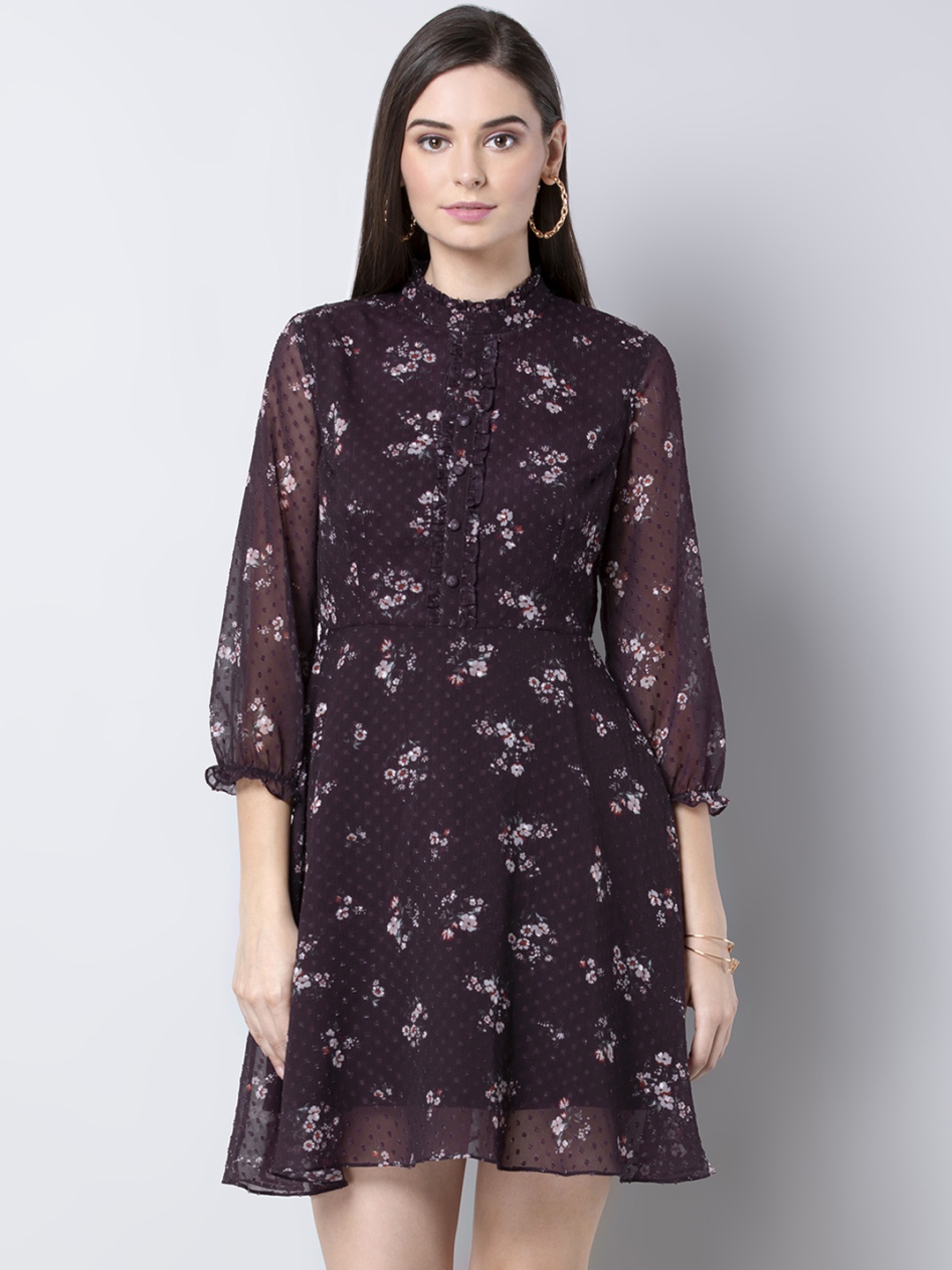 

FabAlley Women Purple & Red Floral Printed Fit and Flare Dress