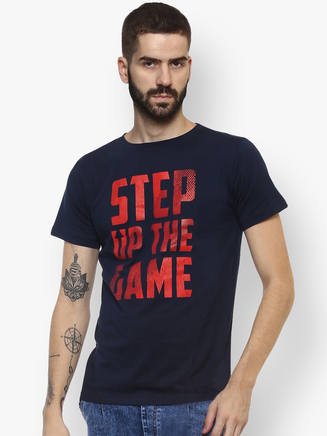 

Urbano Fashion Men Navy Blue Printed Round Neck Slim Fit T-shirt