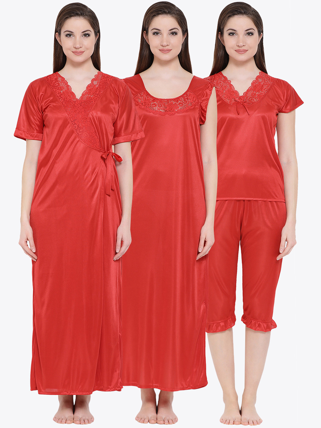 

Clovia Set of 4 Red Solid Satin Nightwear