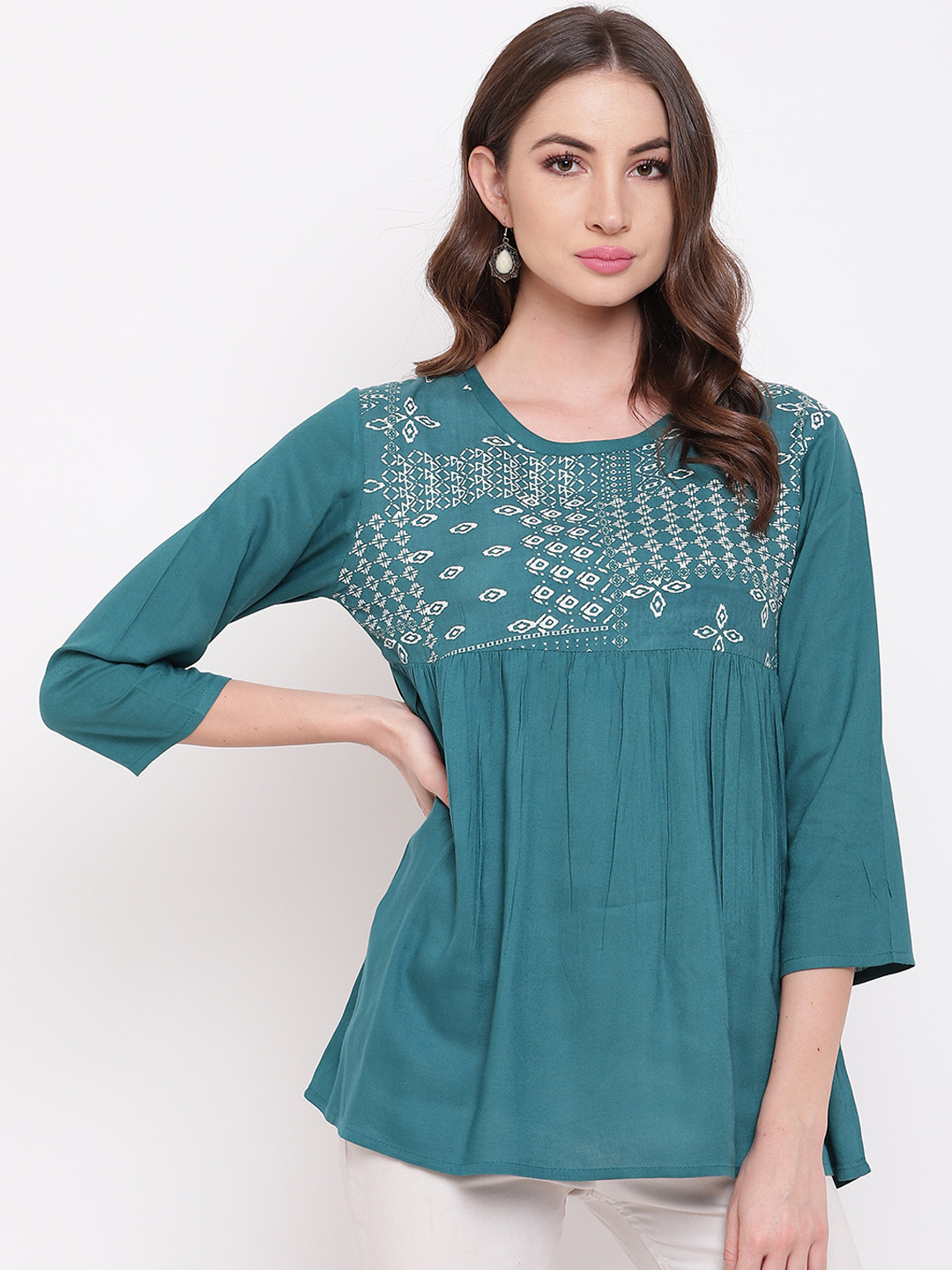 

Mayra Women Teal Blue Printed A-Line Top