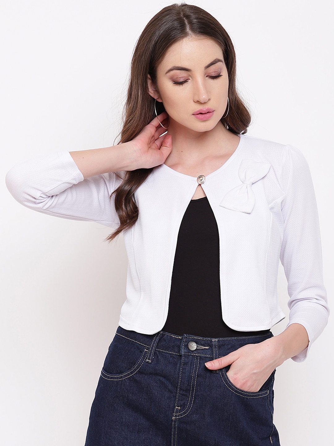 

Mayra Women White Self Design Open Front Shrug