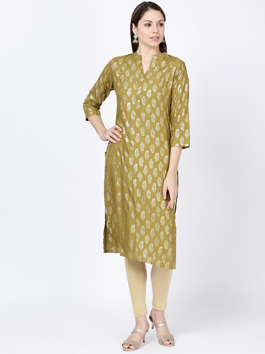 

Soch Women Green & Beige Foil Printed Straight Kurta