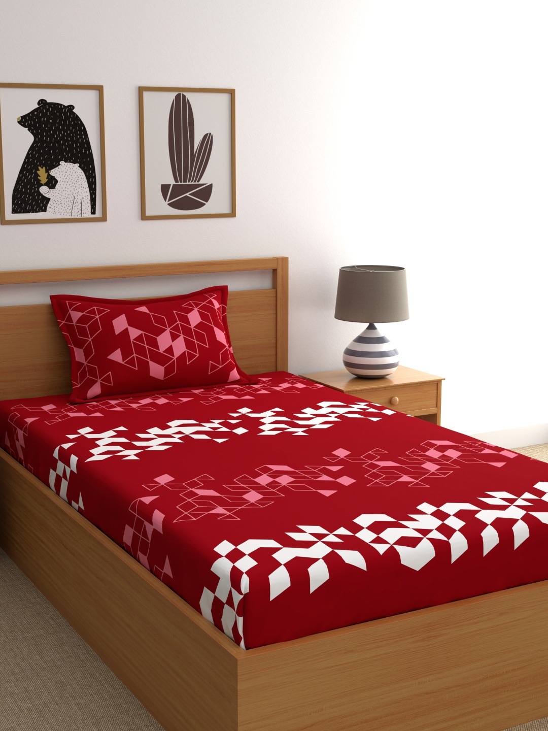 

Dreamscape Red White Geometric 144 TC Cotton 1 Single Bedsheet with 1 Pillow Covers
