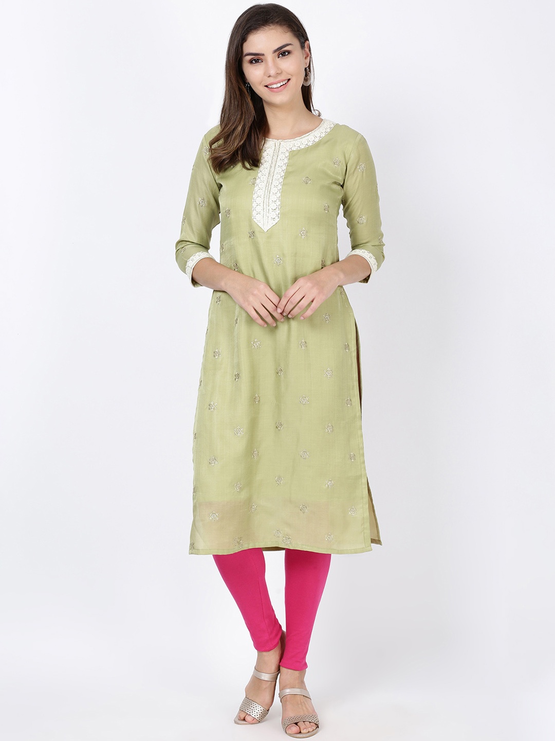 

Soch Women Lime Green & Off-White Woven Design Straight Kurta