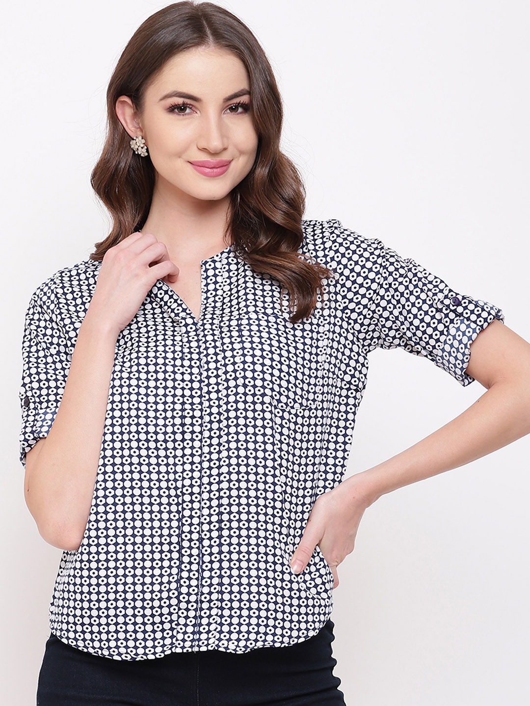 

Mayra Women Blue Printed Shirt Style Top