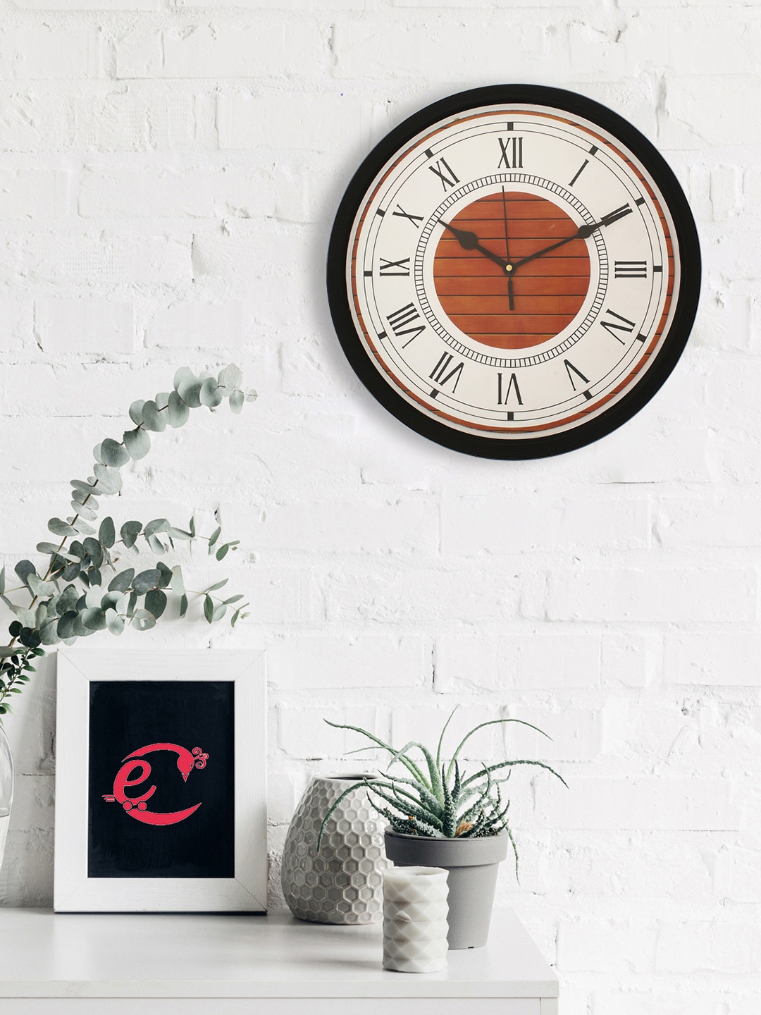 eCraftIndia Black & Rust Round Colourblocked Analogue Wall Clock