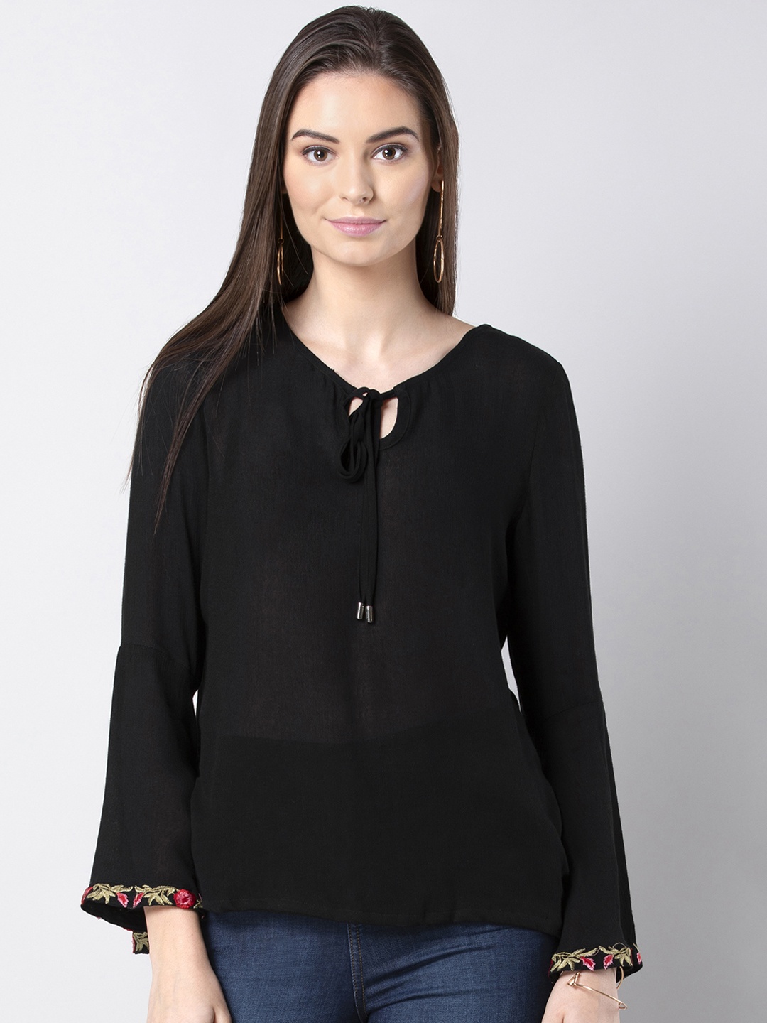 

FabAlley Women Black Solid A-Line Pure Cotton Top