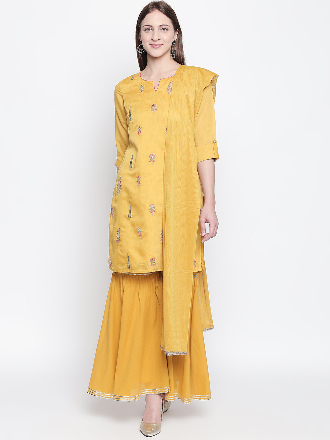 

RANGMANCH BY PANTALOONS Women Mustard Yellow Embroidered Kurta with Sharara & Dupatta