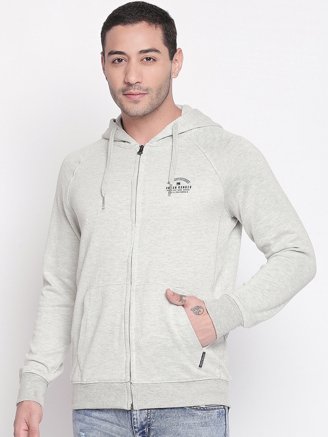 

Urban Ranger by pantaloons Men Grey Solid Hooded Sweatshirt