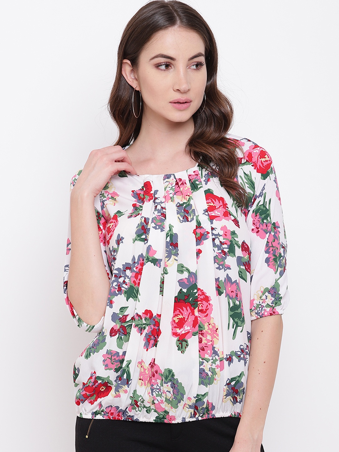Mayra Women White & Red Floral Printed Blouson Top