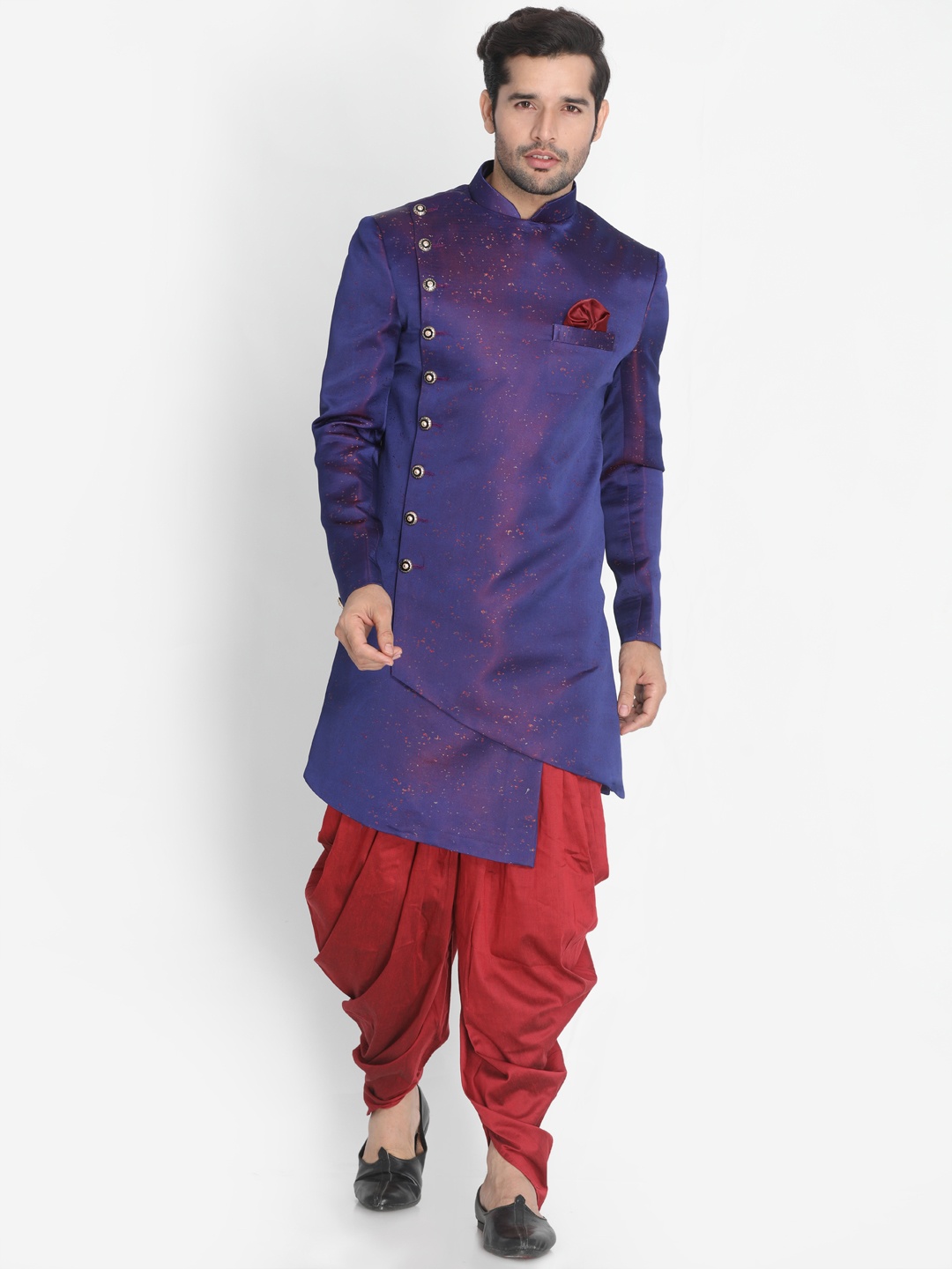 

VASTRAMAY Men Voilet Solid Sherwani With Red Solid Dhoti Pants, Violet