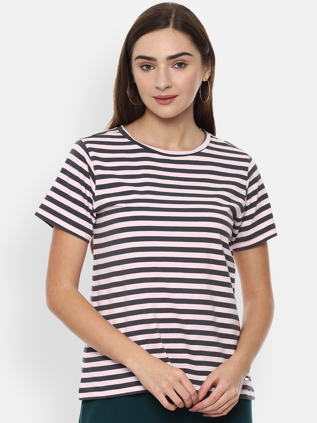 

Van Heusen Woman Grey Pink Striped Round Neck Pure Cotton T-shirt