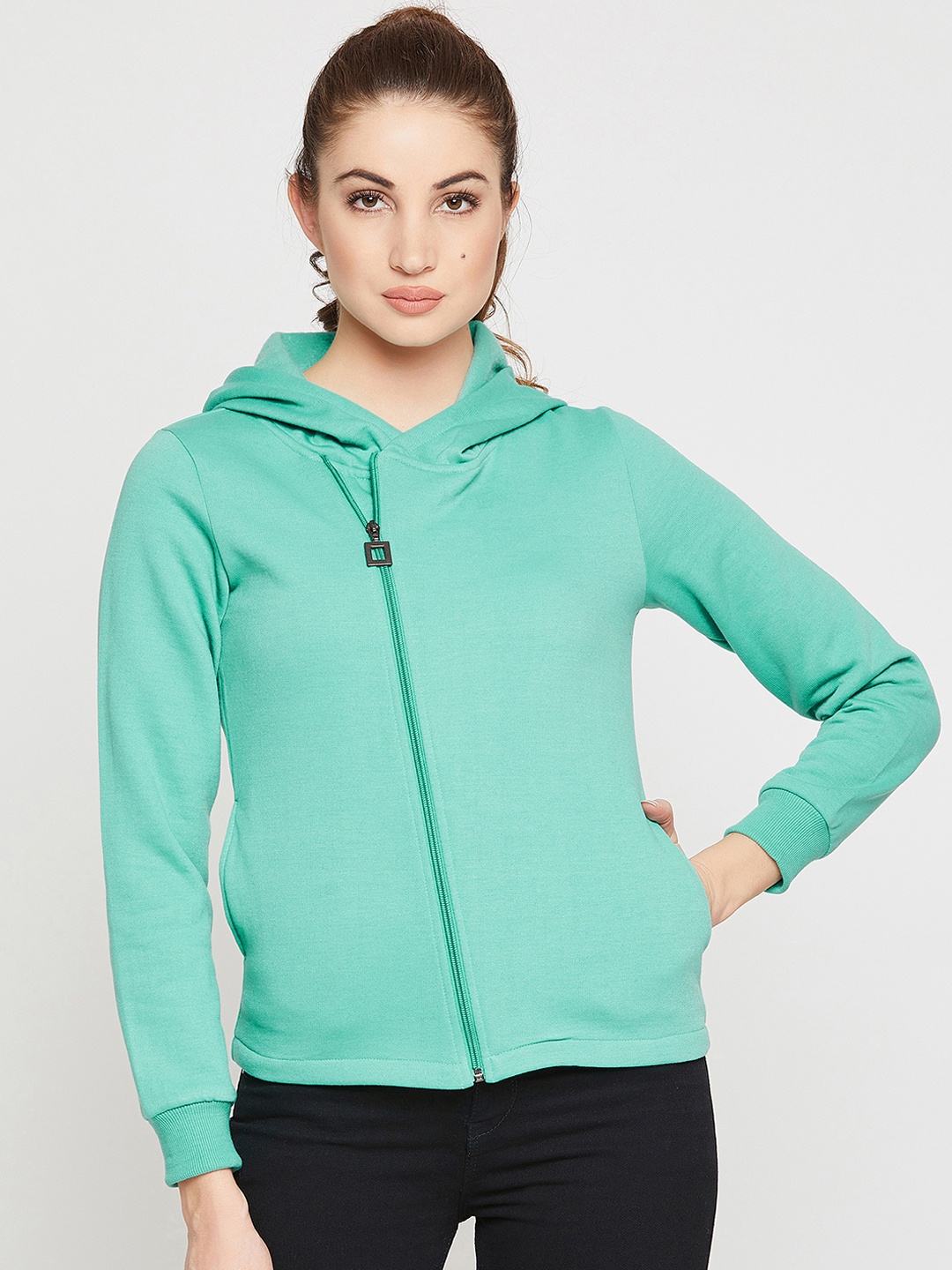 

RARE Women Sea Green Solid Hooded Sweatshirt