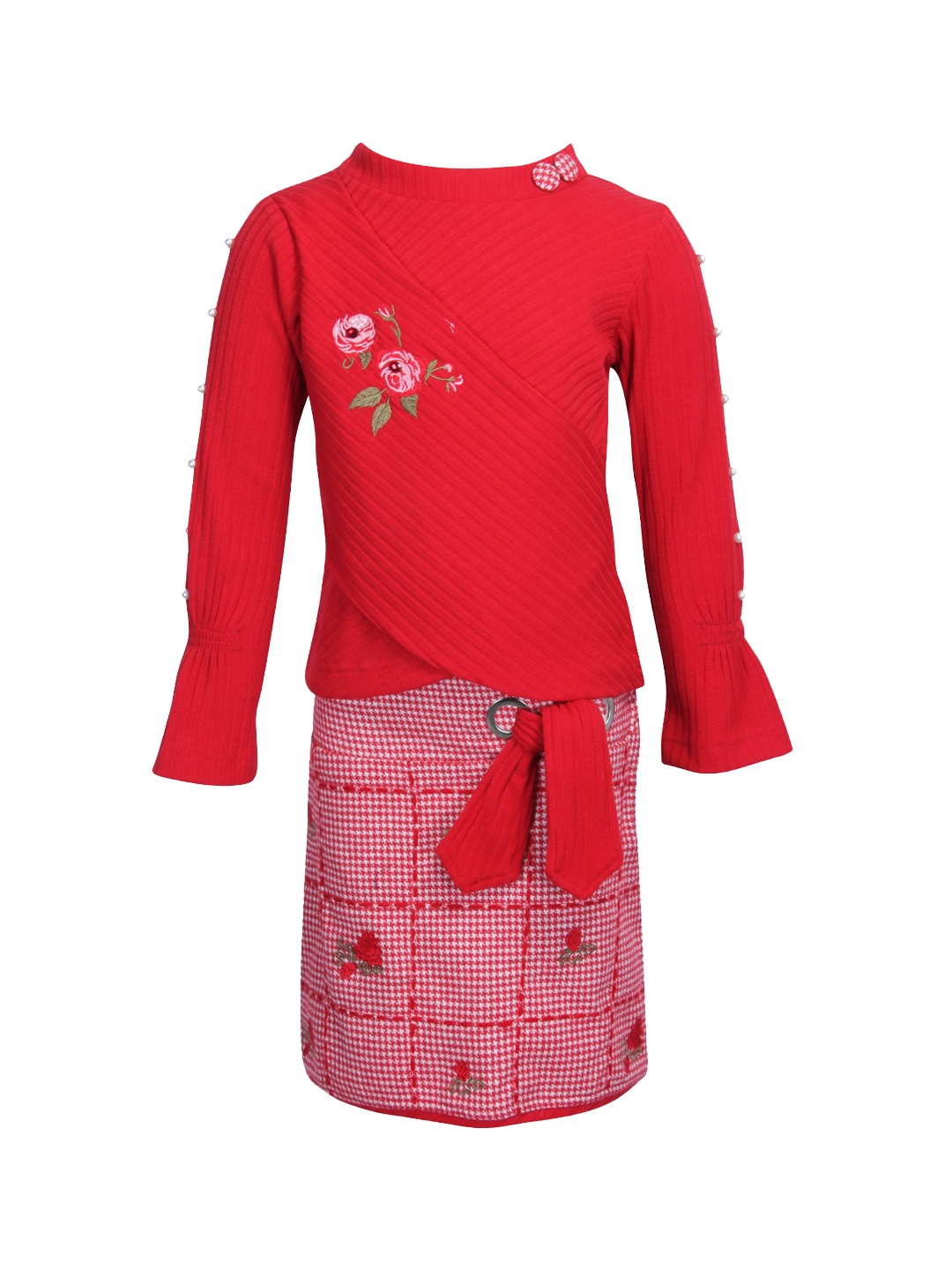 

CUTECUMBER Girls Red & White Solid Top with Skirt