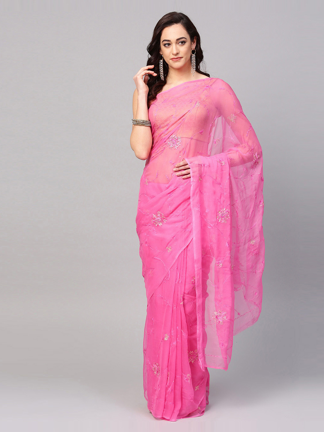 

Geroo Jaipur Pink Aari Embroidered Pure Chiffon Sustainable Saree