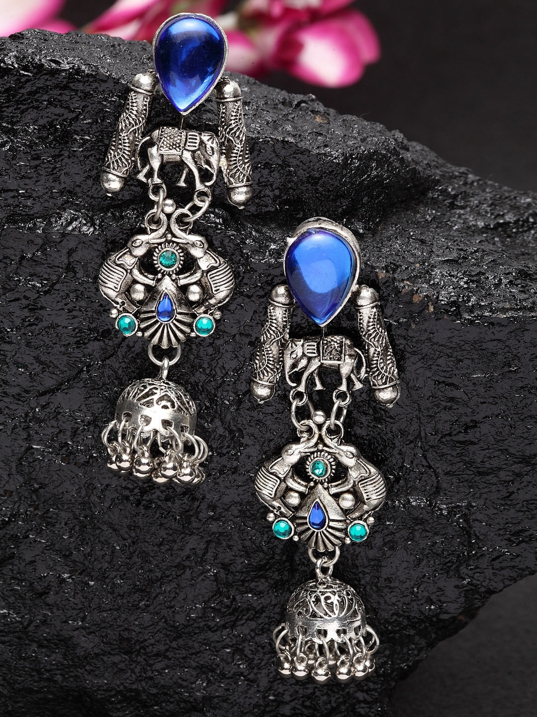 

Moedbuille Silver-Toned & Blue Contemporary Oxidised Silver Drop Earrings