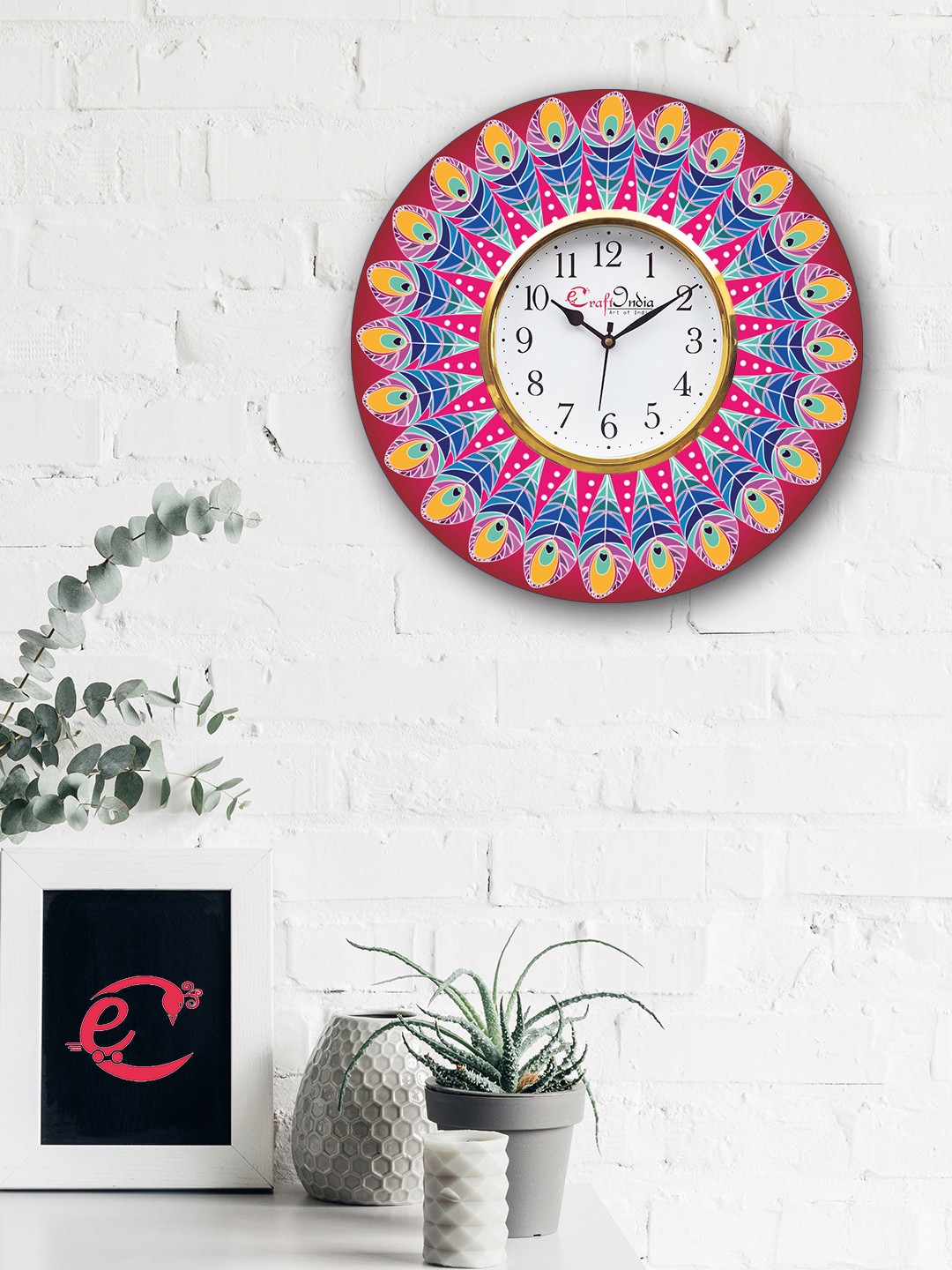 

eCraftIndia White & Red Handcrafted Round Printed 30 cm Analogue Wall Clock