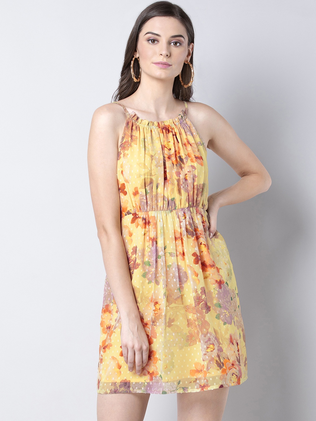

FabAlley Women Yellow & Green Printed Blouson Dress