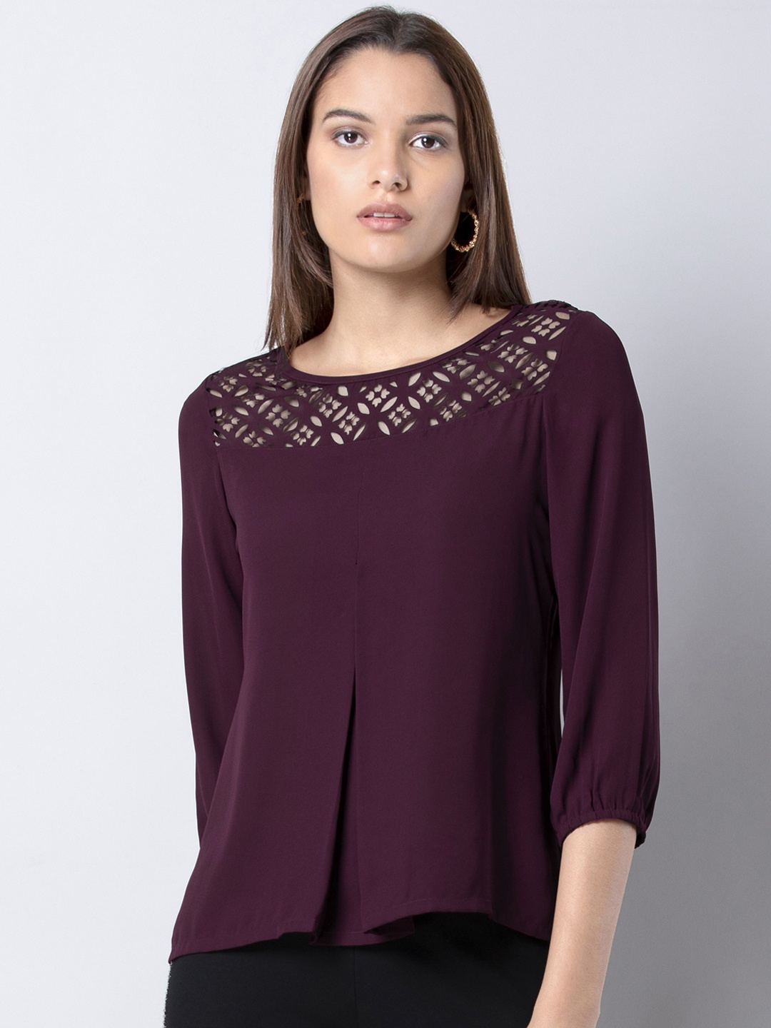 

FabAlley Women Burgundy Self Design Top