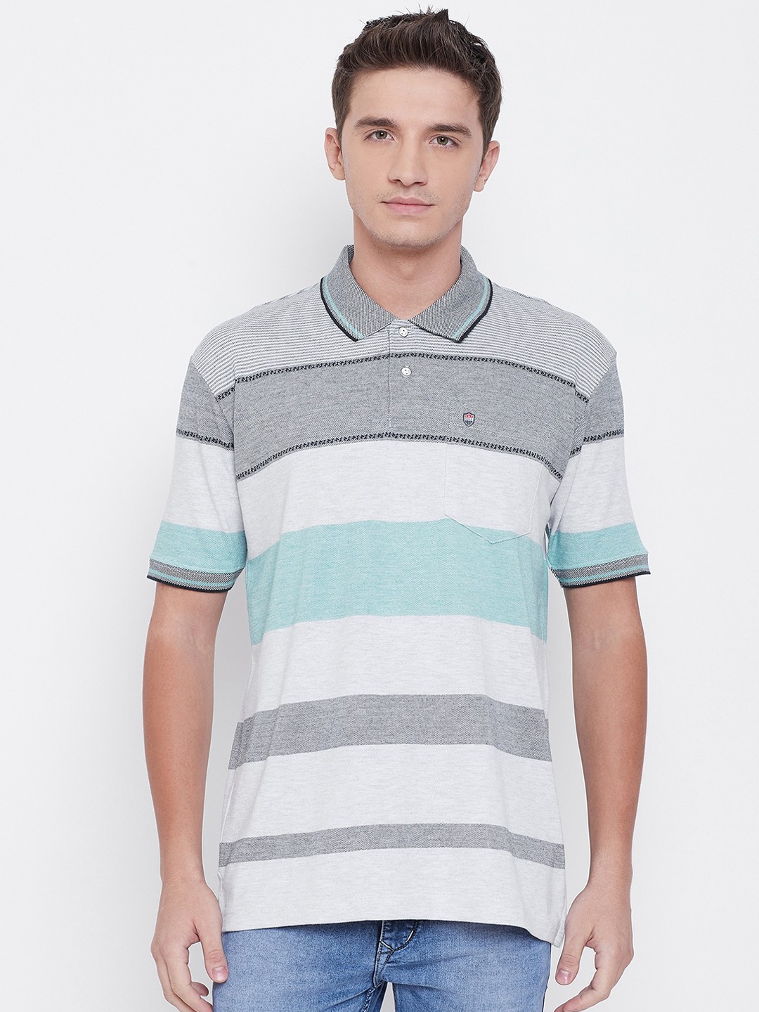 

Duke Men Blue Striped Polo Collar T-shirt