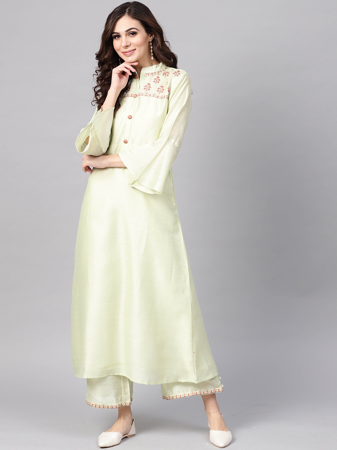 

Indo Era Women Green Floral Embroidered A-Line Kurta