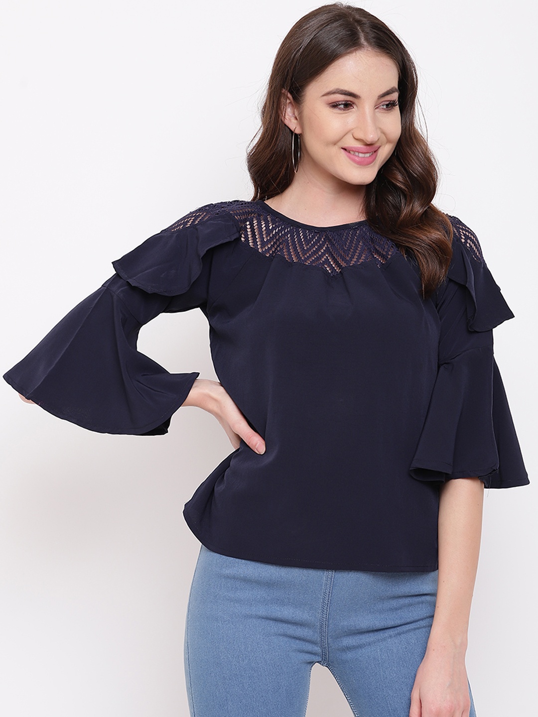 Mayra Women Navy Blue Solid A-Line Top
