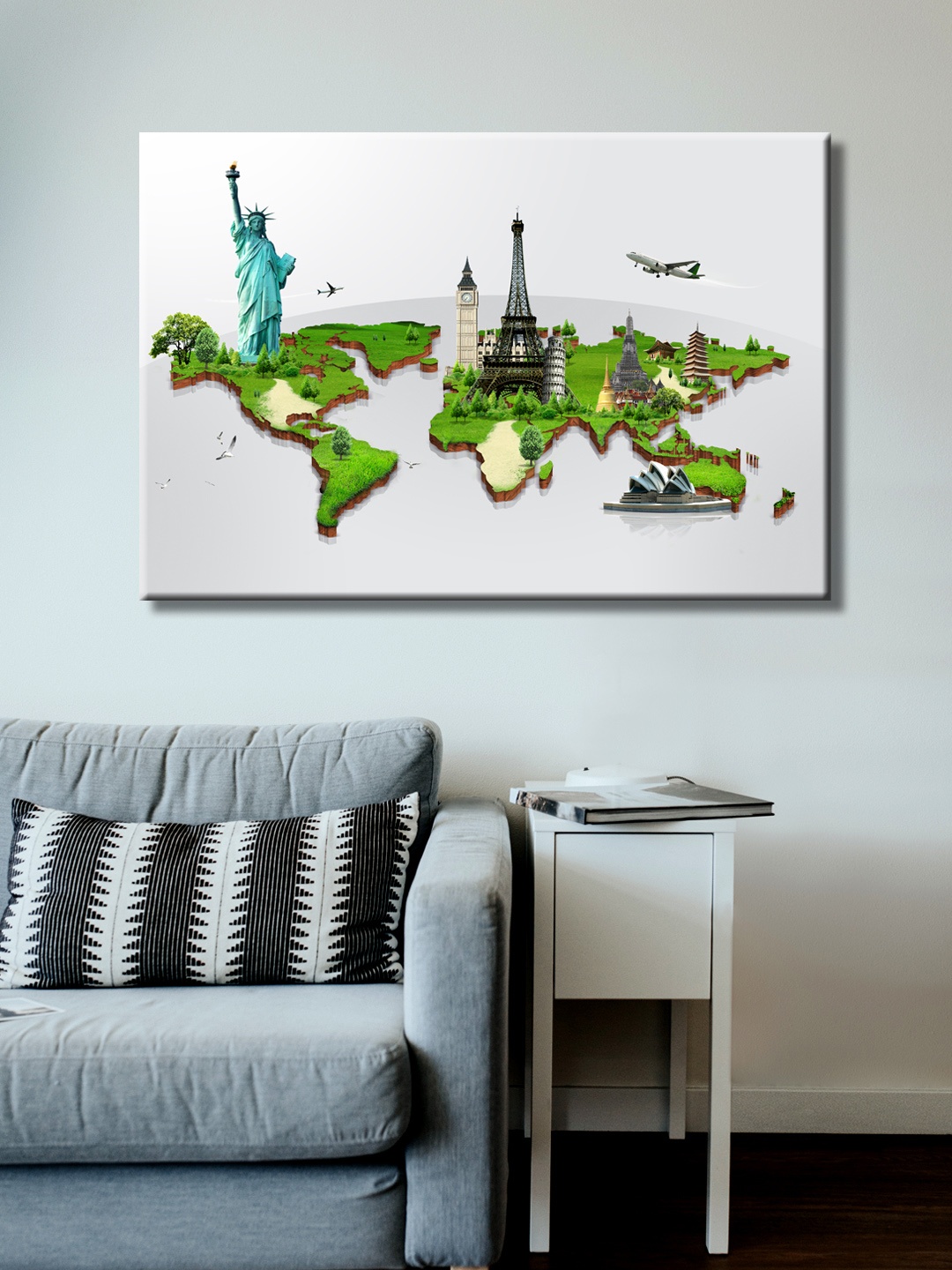 

999Store Grey & Green Hand-Painted Travel The World Wall Painting