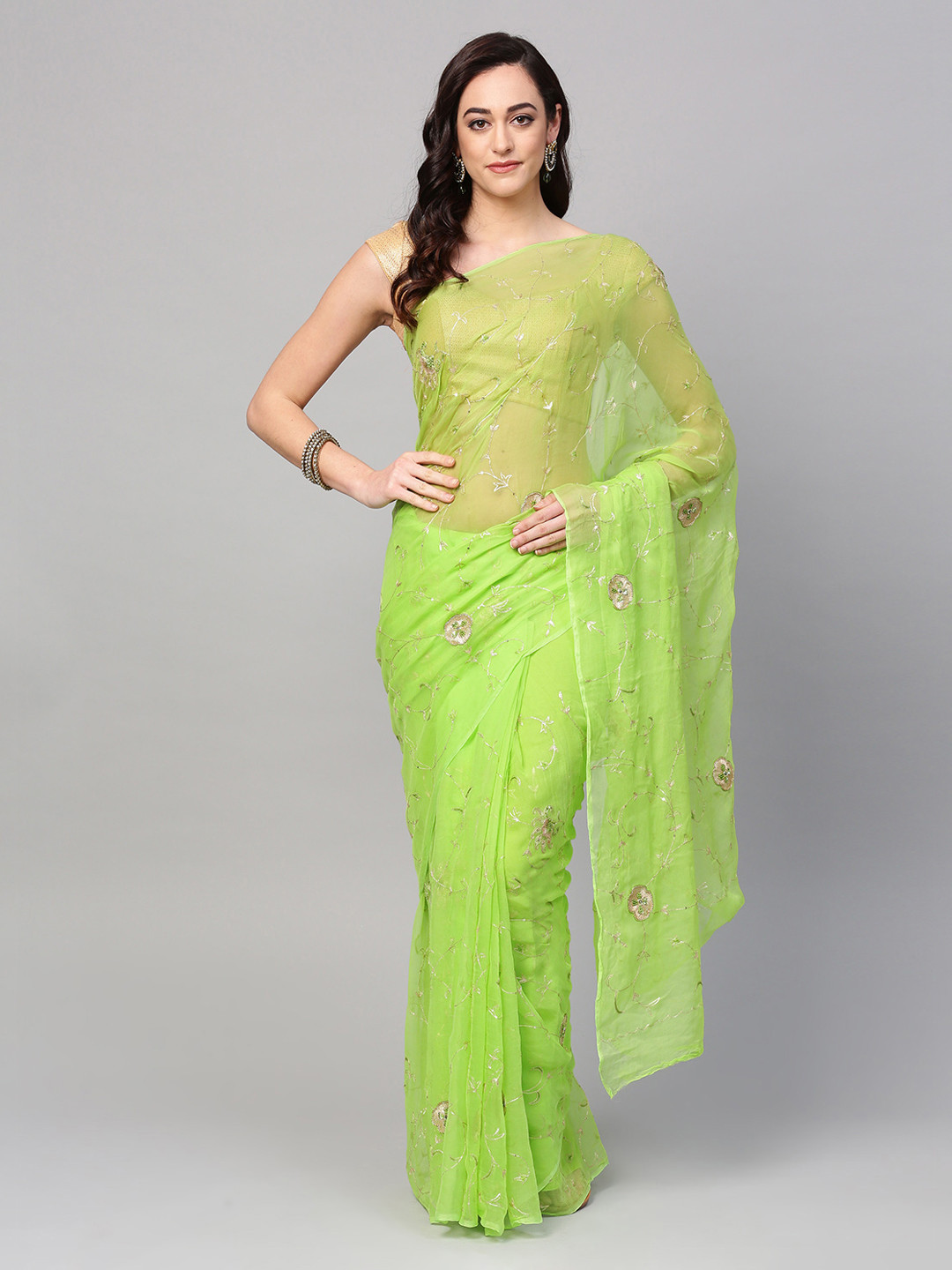 

Geroo Jaipur Green Aari Hand Embroidered Pure Chiffon Sustainable Saree