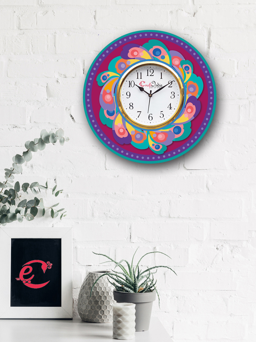 

eCraftIndia Pink & Blue Handcrafted Round Printed 31 cm Analogue Wall Clock