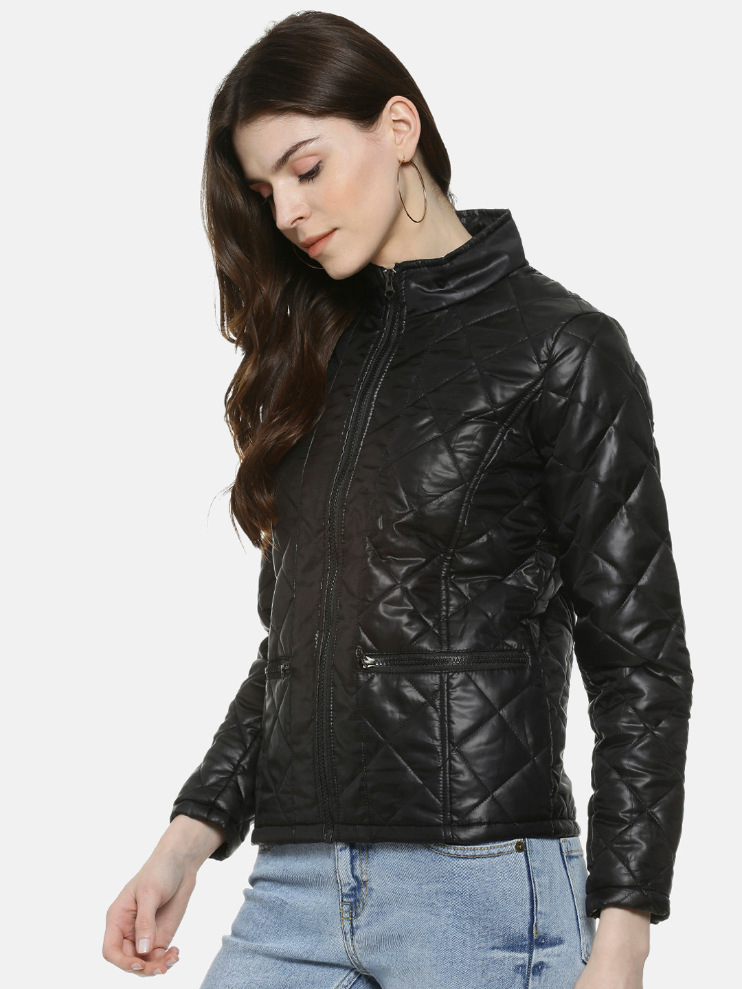 

Campus Sutra Women Black Solid Windcheater Quilted Jacket